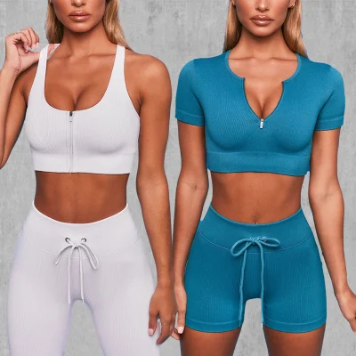 Sy-3010 Venta al por mayor Traje acanalado Deportes Ropa de yoga Casual 4 PCS Conjunto de entrenamiento sin costura Gimnasio Yoga Fitness Wear para mujeres